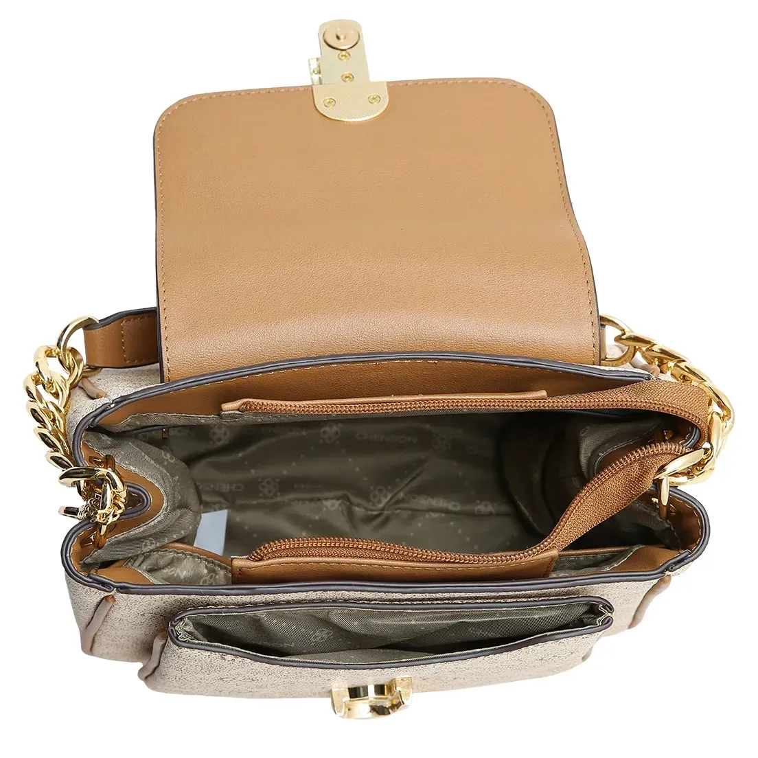 Interior da bolsa Chenson shoulder bag monograma bege com compartimentos organizados
